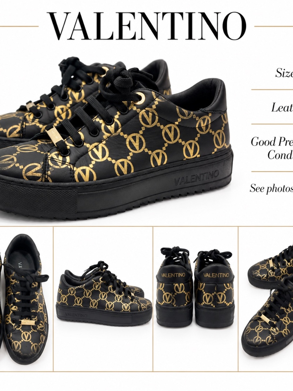 Valentino Black & Gold Logo-Print Leather Platform Sneakers size 6